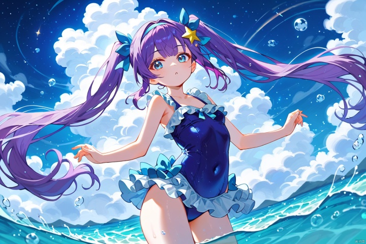 (score_9,score_8_up,score_7_up),style_1,style_2,style_3,style_4,1girl, purple hair, twintails, blue eyes, long hair, star hair ornament, blue one-piece swimsuit, blue hairband, solo, very long hair, small breasts, frilled swimsuit,A young woman with striking features: vibrant purple twintails cascading down her back, bright blue eyes shining like the ocean. She wears a stunning blue one-piece swimsuit, adorned with a star-shaped hair ornament that matches the sparkling stars floating above the beach's beautiful sky and soft cloud cover. Her very long hair flows gently in the breeze as she stands solo, her small breasts barely noticeable beneath the frilled swimsuit. The watercolor-inspired atmosphere blurs the foreground and background, creating a dreamy effect. The overall aesthetic is breathtakingly beautiful, with every detail rendered in masterful quality.(night), glow