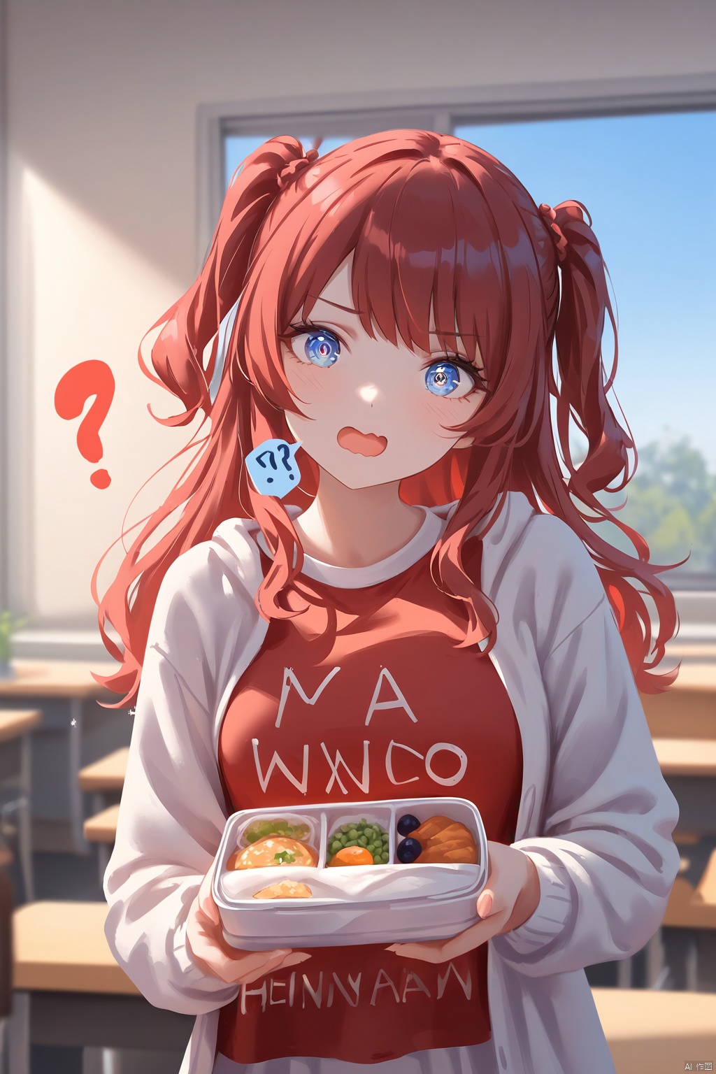 Best-A,masterpiece,best quality,high quality,best shadow,(colorful),miwano rag,wlop,myush,(ringed eyes,wavy mouth,open mouth,?,head tilt),saki hanami,blue eyes,long hair,two side up,red hair,hair dun,A girl extends a bento box towards the camera with a shy, blushing smile. Her eyes convey a mix of apology and playfulness, as the box contains not a meal, but a small snake—a quirky twist that surprises the viewer. The classroom setting, bathed in sunlight streaming through the windows, provides a warm and familiar backdrop. The beautiful sky outside adds a serene contrast to the intriguing scene inside, highlighting the girl's endearing awkwardness as she presents her unexpected gift.