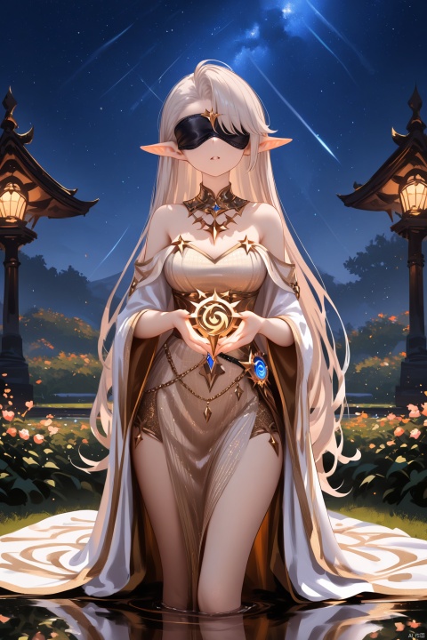 highres absurdres,masterpiece,bestquality,higher quality,best quality,blush,aesthetic,very aesthetic,best quality,hight quality,hight,vision,newest,dynamic angle BREAK ,1girl,pointy ears,solo,long hair,golden off-shoulder dress,blindfold,elf,white hair,covered eyes,robe,garden,sky,flowers,star,night,own hands together,fantasy,cinematic lighting,reflection light,god rays
