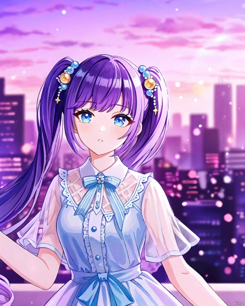 very aesthetic,aesthetic,amazing quality,best quality,hight,hight quality,masterpiece,,snclstyl,beautiful detailed eyes,gentle eyes BREAK
,long hair,purple hair,blue eyes,twintails,dress,see-through,hair ornament BREAK
(blurry),(blurry_foreground),(depth_of_field),wallpaper,highres,colorful,Cinematic Lighting,lens flare,upper body,traditional_media,sparkle,starry,pastel color,watercolor,shiny,, snclstyle,city,glow,Hazy light, PVC