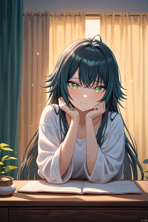 A whimsical depiction of Temari Tsukimura, a girl with ringed eyes and wavy mouth, tilts her head in a playful manner as she gazes directly at the viewer. Her long black hair flows down her back like a waterfall, with a delicate hair ornament catching the soft light. Green eyes sparkle like emeralds, illuminating her blushing cheeks. Waving gently, her hand cradles her own cheek as she admires an impasto-inspired artwork on the table before her. The cozy atmosphere is set amidst parted curtains, with a warm glow casting a flattering light on her features.