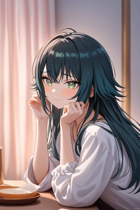 A whimsical depiction of Temari Tsukimura, a girl with ringed eyes and wavy mouth, tilts her head in a playful manner as she gazes directly at the viewer. Her long black hair flows down her back like a waterfall, with a delicate hair ornament catching the soft light. Green eyes sparkle like emeralds, illuminating her blushing cheeks. Waving gently, her hand cradles her own cheek as she admires an impasto-inspired artwork on the table before her. The cozy atmosphere is set amidst parted curtains, with a warm glow casting a flattering light on her features.