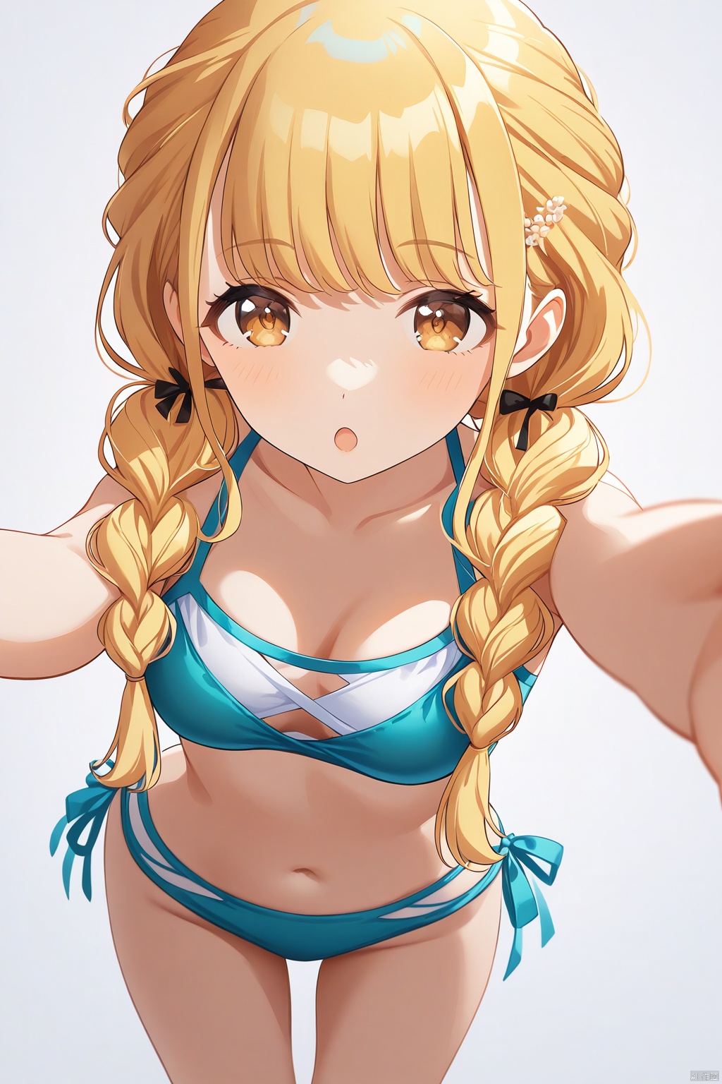 clean color,kotone fujita,kotone one,1girl,((reaching out)),braid,twin braids,long hair,blonde hair,brown eyes,（swimsuit）,detailed face,(simple background),(white background),(upper body) BREAK beautiful color,detailed,best quality,amazing quality,very aesthetic,colorful,masterpiece,look at viewer,best quality,snclstyle,cowboy shot,:o,full body,chibi,middle breasts