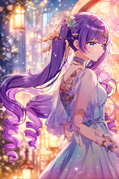 very aesthetic,aesthetic,amazing quality,best quality,hight,hight quality,masterpiece,,snclstyl,beautiful detailed eyes,gentle eyes BREAK
,long hair,purple hair,blue eyes,twintails,dress,see-through,hair ornament BREAK
(blurry),(blurry_foreground),(depth_of_field),wallpaper,highres,colorful,Cinematic Lighting,lens flare,looking_away,head_down,upper body,traditional_media,(mucha),(art nouveau),sparkle,starry,pastel color,watercolor,shiny,drill hair, snclstyle,city,, glow,watercolor_(medium)