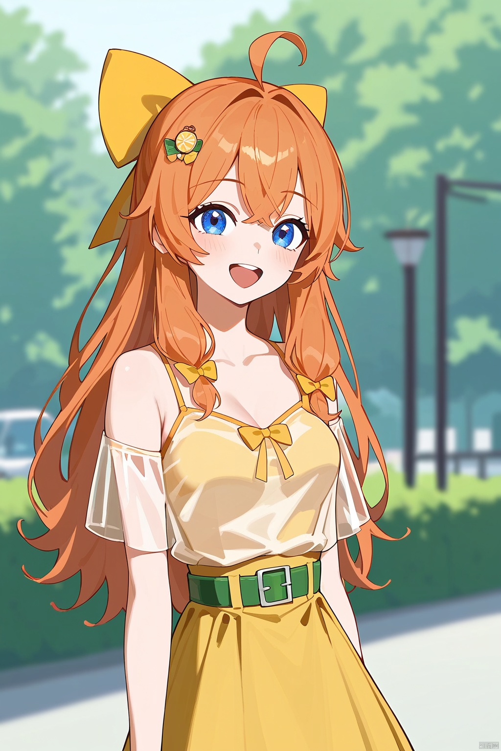 (score_9,score_8_up,score_7_up),style_1,style_2,style_3,style_4,masterpiece,best quality,amazing quality,anime,anime color,1girl,blue eyes,long hair,brown hair,ahoge,yellow hair bow,yellow camisole,high-waist skirt,see-through shirt,orange hair ornament,yellow bow,greenbelt, film grain, depth of field, (happy:1.1), (joyful:1.1), 