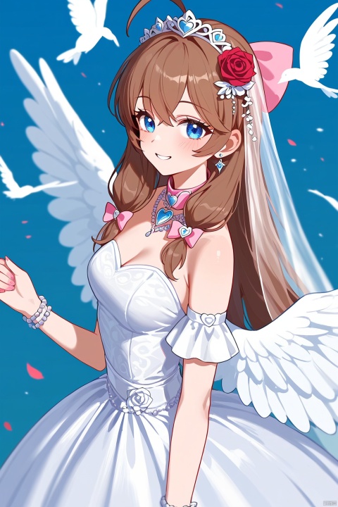 (score_9,score_8_up,score_7_up),style_1,style_2,style_3,style_4,masterpiece,best quality,amazing qualityA serene anime scene unfolds as a beautiful angelic maiden with piercing blue eyes and rose hair ornament stands majestically in her wedding dress, adorned with a pink bow and fake collar. Her long, brown hair flows like a river down her back, while delicate ahoge pieces dance around her face. Soft focus and film grain effect enhance the dreamy atmosphere as she gazes up at the sky, her angel wings subtly spread wide. The background blooms with vibrant flowers, adding to the joyful and happy ambiance of this masterpiece.