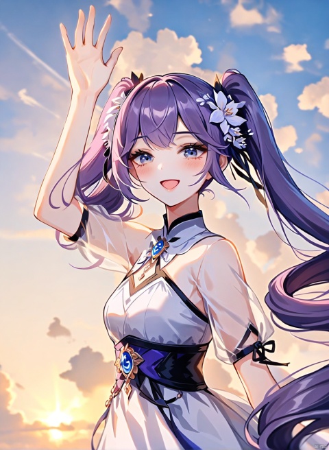 highres absurdres,masterpiece,bestquality,higher quality,best quality,blush, 1girl, solo,long hair,purple hair, blue eyes, hair flower, small breasts, very long hair, bangs,aesthetic,very aesthetic,best quality,hight quality,hight,flowers,sky,clouds,wind,smile,vision,newst,  upper body, , dynamic angle,  waving, :d, blinking,looking_at_viewer,twintails,