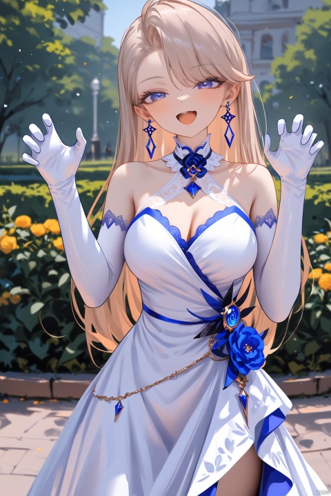 highres absurdres,masterpiece,bestquality,higher quality,best quality,blush,aesthetic,very aesthetic,best quality,hight quality,hight,vision,newest BREAK ,1girl,solo,white long dress,blue earrings,white gloves,flower,breasts,looking at viewer,white elbow gloves,:d,claw pose