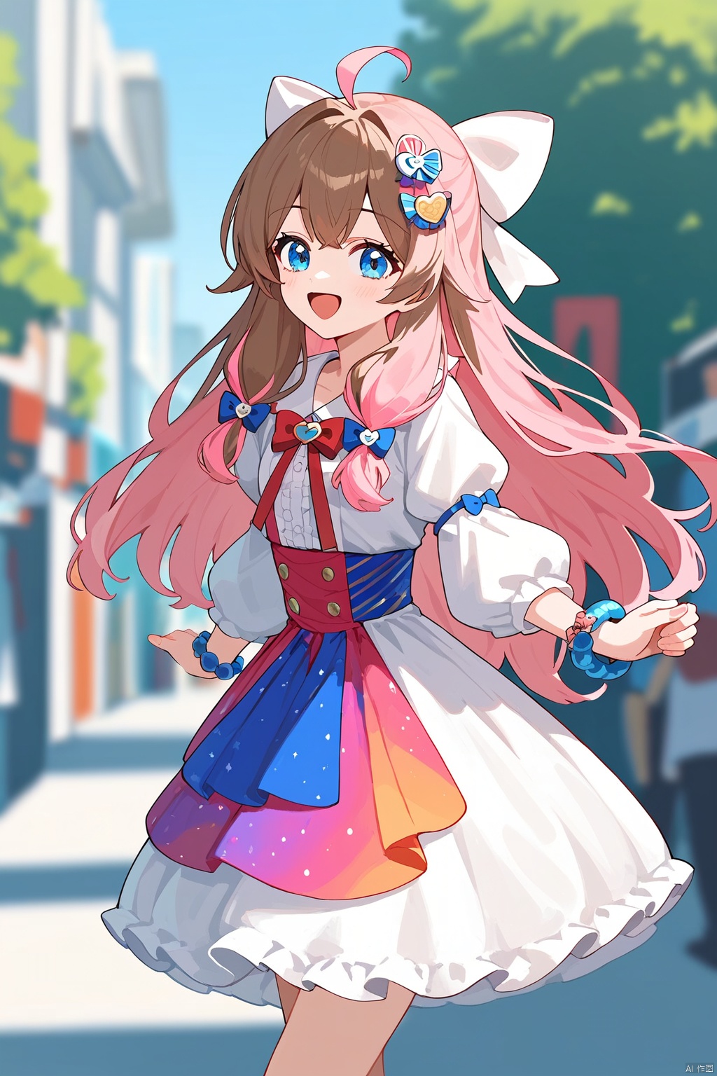 (score_9,score_8_up,score_7_up),style_1,style_2,style_3,style_4,masterpiece,best quality,amazing quality,anime,anime color,1girl,blue eyes,brown hair,long hair,ahoge,hair ornament,candy hair ornament,multicolored dress,multicolored clothes,food-themed hair ornament,pink hair bow,bracelet,detachedsleeves, film grain, depth of field, (happy:1.1), (joyful:1.1), 
