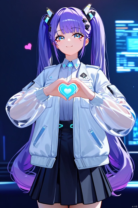 forming a heart with hands,xiangwan10,(score_9,score_8_up,score_7_up),style_1,style_2,style_3,style_4, glow,masterpiece,best quality,amazing quality,beautiful detailed,4K,very aesthetic,beautiful color,1girl, solo, purple hair, blue eyes, twintails, smile, long hair, very long hair, white collared jacket, cyberpunk hair ornament, black skirt, see-through sleeves, jacket, white jacket,