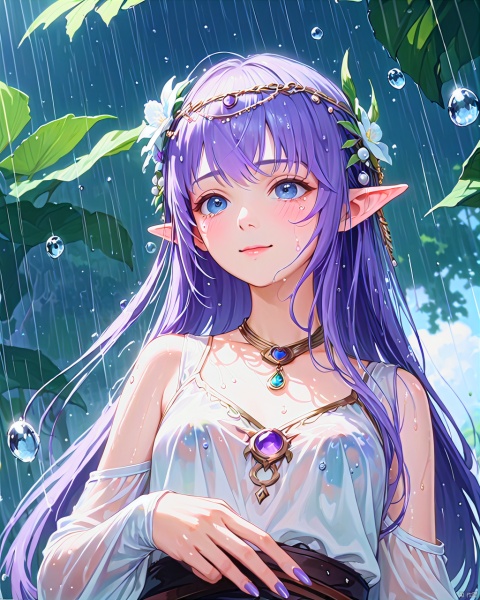 original,((artist:wanke)),(artist:ciloranko),((artist:ningen_mame)),(rainning:1.3),(wlop:0.7),anime,girl,solo,pointy ears,long hair,elf,purple hair,blue eyes,hair flower,small breasts,very long hair,bangs,nail polish,parted lips,white elbow gloves,green gem,pearlhairband,cowboy shot,Tyndall effect,available light,Volumetric Lighting,absurdres,colorful,cinematic_angle,depth_of_field,blurry_foreground,outdoors,smile,(wet clothes),(wet hair),water drop,water on face,gloom,sky,sunlight shines through the clouds,blush,looking down,from below,(closed mouth),crying with eyes open,seductive smile,(blushing ears), snclstyle,upper body