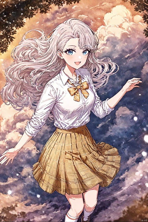 (impasto),watercolor,((artist:houk1se1)),(artist:modere),solo,((amazing quality)),1girl,white hair,blue eyes,long hair,lasymmetrical bangs,hair behind ear,plaid,shirt,white socks,white shirt,plaid skirt,yellow bow,collared shirt,pleated skirt,yellow bowtie,school uniform,smile,open mouth,blush,upper body,look at viewer , from above,(beautiful color,detailed,best quality,very aesthetic:1.2),cowboy shot,bird,sky,cloud,wind,floating,ray tracing,depth of field,lighting and shadow,((perspective)),(lighting particles),colorful,snclstyle, as style, line art