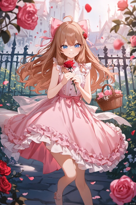 ((artist:ciloranko)),((artist:ningen_mame)),masterpiece,best quality,high quality,(clean coloring), 1girl, brown hair, ribbon, pink ribbon, bow, hair bow, hair ornament, blue eyes, smiling, happy, dress, pink dress, frills, frilly dress, flower, big flower, holding flower, basket, basket of petals, petals, scattering petals, garden, fence, wrought iron fence, outdoor, bright, sunlight, soft light, rose, giant rose, blurry foreground,detailed background, full body, lying down, reaching out, floating, playful, fantasy, whimsical, fairy tale, elegant, glow,snclstyle
