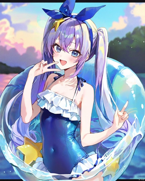 by modare,by gemi,(by kita (kitairoha):0.5),by himeyamato, by yunamaro,by pottsness,by dikko,by zounose,1girl, purple hair, twintails, blue eyes, long hair, star hair ornament, blue one-piece swimsuit, blue hairband, solo, very long hair, small breasts, frilled swimsuit, smile, ,summer,detailed,amazing quality, ,BREAK,((in container)),blurry_background,blurry_foreground,shiny,open_mouth,blush,v over mouth,gentle eyes,luminous eyes,sea,water,sky,beautiful water,(Volumetric Lighting,Cinematic Lighting), snclstyle,