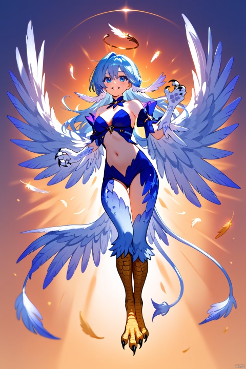 score_9,score_8_up,score_7_up,masterpiece,best quality,high quality,highres,aesthestci,1girl,long hair,halo,blue eyes,gloves,bangs,bare shoulders,blue hair,BREAK,
(Birdwoman), wings,((Harpy)),solo, claws, tail, breasts,feathers,smile,monster girl,full body,navel, gradient,personification,medium breasts,(animal feet),wing hands,teeth,an illustration of a woman in an animal suit,snclstyle, zgn,Volumetric Lighting,Cinematic Lighting,blurry foreground,dreaming,beautiful eyes,luminous eyes,gentle eyes,