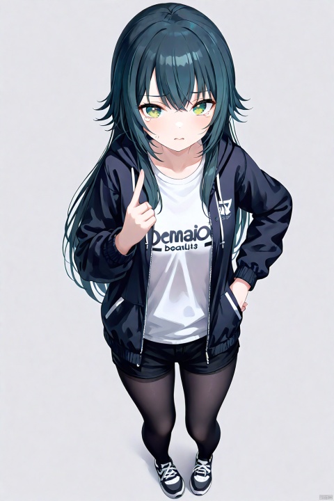 clean color,temari tsukimura,temari four,(raising a finger),1girl,green eyes,long hair,black hair,shoes,sneakers,hoodie,open clothes,white shirt,open jacket,black shorts,black pantyhose,clothes writing,long sleeves,detailed face,(simple background),(white background),((upper body_) BREAK beautiful color,detailed,best quality,amazing quality,very aesthetic,colorful,masterpiece,look at viewer,best quality,snclstyle,cowboy shot,cry,tearful eyes,full body,chibi,middle breasts,(from above),standing