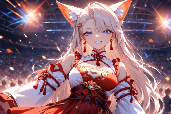 masterpiece,bestquality,higher quality,best quality,aesthetic,very aesthetic,best quality,hight quality,hight,vision,newest BREAK ,1girl,blue eyes,long hair,asymmetrical bangs,white hair,hair behind ear, animal ears, fox ears, detached sleeves, red hakama,cleavagecutout,see-through,cowboy_shot,upper_body,smile,stage,many people,wind,solo,glow,cinematic lighting,motion blur,depth of field,lens flare,fantastic,colorful,watercolor,