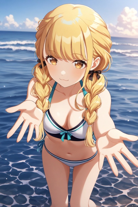 clean color,kotone fujita,kotone one,1girl,((reaching out)),braid,twin braids,long hair,blonde hair,brown eyes,（swimsuit）,detailed face,(upper body) BREAK beautiful color,detailed,best quality,amazing quality,very aesthetic,colorful,masterpiece,look at viewer,best quality,snclstyle,cowboy shot,:3,full body,chibi,middle breasts,from above,sea,sky,water,clouds,beautiful water