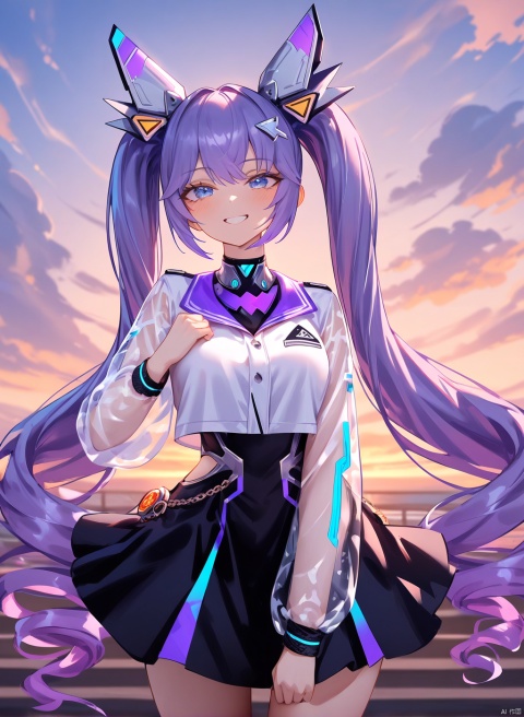 2d,anime,source_anime,highres absurdres,masterpiece,bestquality,higher quality,best quality,blush, 1girl, solo, purple hair, blue eyes, twintails, smile, long hair, very long hair, white collared jacket, cyberpunk hair ornament, black skirt, see-through sleeves, jacket, white jacket,drillhair,aesthetic,very aesthetic,best quality,hight ,sky,wind,floating flowers,vision