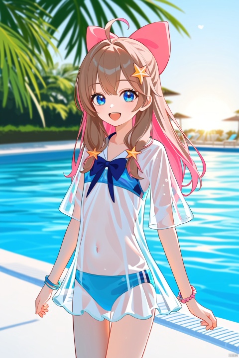 masterpiece,best quality,amazing quality,anime,anime color,1girl,swimsuit,blue eyes,long hair,brown hair,ahoge,pink hair bow,bracelet,starfish hair ornament,see-through,see-through sleeves,shortsleeves,Anime style, cinematic shot of a girl playing joyfully in a swimming pool, dynamic and energetic, with beautiful detailed eyes, sun-kissed skin, surrounded by the cool blue water of the pool, splashing water with a sense of fun, bright sunlight casting a warm glow, tropical plants adding to the lively setting, (best quality, 4k, 8k, highres, masterpiece:1.2), ultra-detailed, realistic, , vibrant colors, sharp focus, dynamic lighting, high contrast, anime portraits, outdoor summer scene, cheerful mood, youthful energy, clear water with sparkling reflections, playful water splashes, sunny and bright anime art, cinematic composition, film grain, depth of field, (happy:1.1), (joyful:1.1), (carefree:1.1), (youthful:1.1), (swimming pool:1.3), (sunlight:1.3), (anime vibrant:1.2), (colorful:1.2), (anime realism:1.2), (anime high-definition:1.2), (anime joyful expression:1.2), (cinematic lighting:1.3), (filmic look:1.3)