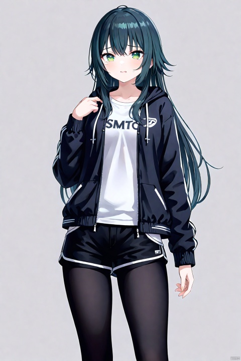 clean color,temari tsukimura,temari four,raising a finger,1girl,green eyes,long hair,black hair,shoes,sneakers,hoodie,open clothes,white shirt,open jacket,black shorts,black pantyhose,clothes writing,long sleeves,detailed face,(simple background),(white background),(upper body) BREAK beautiful color,detailed,best quality,amazing quality,very aesthetic,colorful,masterpiece,look at viewer,best quality,snclstyle,cowboy shot,cry,tearful eyes,full body,chibi,middle breasts,