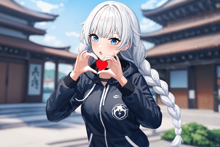 impasto,artist:houk1se1,mitu, 7th clothes, 1girl, jacket, braid, blue eyes, twin braids, long hair, white hair,:o,detailed face,(upper body) BREAK beautiful color,detailed,best quality,amazing quality,very aesthetic,cowboy shot,masterpiece,look at viewer,(making a heart gesture with hands),hands up,standing,snclstyle,chinese building,water,sky,beautiful water,ray tracing,(detailed background),blush,blurry foreground,blurry background,watercolor,