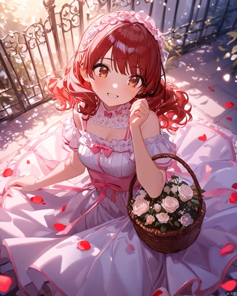  (Kumiko),((artist:ciloranko)),((artist:ningen_mame)),clean coloring,masterpiece,best quality,high quality, The image features a girl with brown, wavy hair adorned with a pink ribbon bow. She has brown eyes and is smiling happily. The girl is wearing a frilly pink dress. She is holding a giant flower and a basket filled with flower petals, which she is scattering around. The setting appears to be a garden with a wrought iron fence and abundant roses in the background. The scene is bright and sunlit with soft lighting. The girl is depicted lying down, reaching out, and floating in a whimsical, fairy-tale-like manner, giving an elegant and playful impression,glow,snclstyle,blush,ray tracing, PVC,middle breasts
