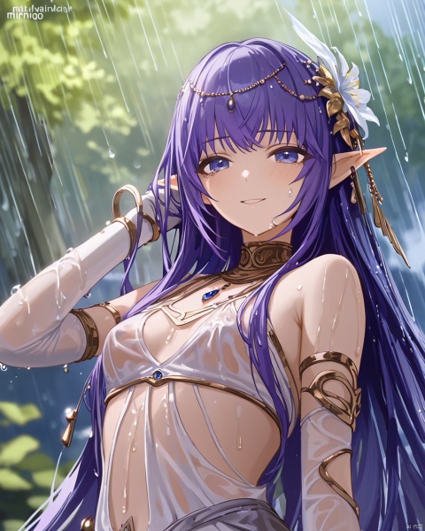 original,(artist:wanke),artist:ciloranko,(artist:ningen_mame),(rainning:1.3),(wlop:0.6),anime,girl,solo,pointy ears,long hair,elf,purple hair,blue eyes,hair flower,small breasts,very long hair,bangs,nail polish,parted lips,white elbow gloves,green gem,pearlhairband,cowboy shot,Tyndall effect,available light,Volumetric Lighting,absurdres,colorful,cinematic_angle,depth_of_field,blurry_foreground,outdoors,smile,(wet clothes),(wet hair),water drop,water on face,gloom,sky,sunlight shines through the clouds,blush,looking down,from below,(closed mouth),crying with eyes open,seductive smile,(blushing ears), snclstyle,upper body