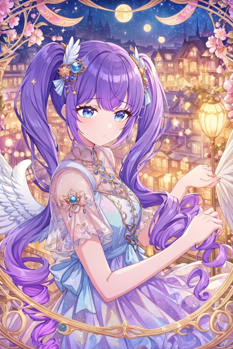 very aesthetic,aesthetic,amazing quality,best quality,hight,hight quality,masterpiece,,snclstyl,beautiful detailed eyes,gentle eyes BREAK
,long hair,purple hair,blue eyes,twintails,dress,see-through,hair ornament BREAK
(blurry),(blurry_foreground),(depth_of_field),wallpaper,highres,colorful,Cinematic Lighting,lens flare,looking_away,head_down,upper body,traditional_media,(mucha),(art nouveau),sparkle,starry,pastel color,watercolor,shiny,drill hair, snclstyle,city,glow,watercolor_(medium),stars,sky,night,feather,angel_wings