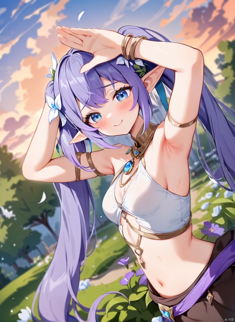 ((houkisei)),highres absurdres,masterpiece,bestquality,higher quality,best quality,shy,blush, 1girl, solo, pointy ears, long hair, elf, purple hair, blue eyes, hair flower, small breasts, very long hair, aesthetic,very aesthetic,best quality,hight quality,hight,twintails,flowers,sky,clouds,wind,garden,smile,vision,newst,arms up, open hands, waving,  upper body, from the side below, dynamic angle, fisheye, 