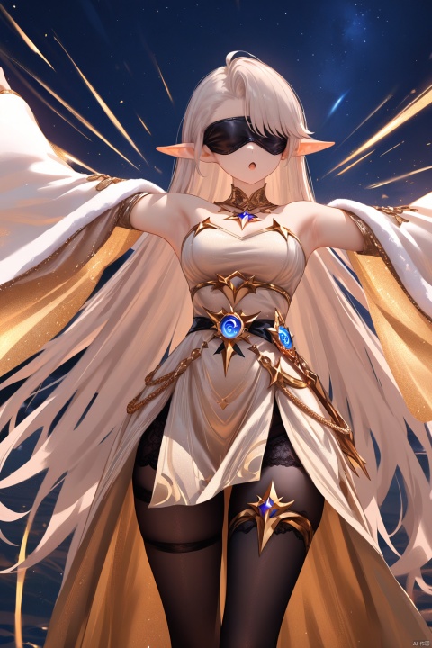 highres absurdres,masterpiece,bestquality,higher quality,best quality,blush,aesthetic,very aesthetic,best quality,hight quality,hight,vision,newest,dynamic angle BREAK ,1girl,pointy ears,solo,long hair,golden off-shoulder dress,blindfold,elf,white hair,golden covered eyes,robe,sky,star,night,armpits,fantasy,cinematic lighting,reflection light,god rays,black pantyhose,cowboy_shot,