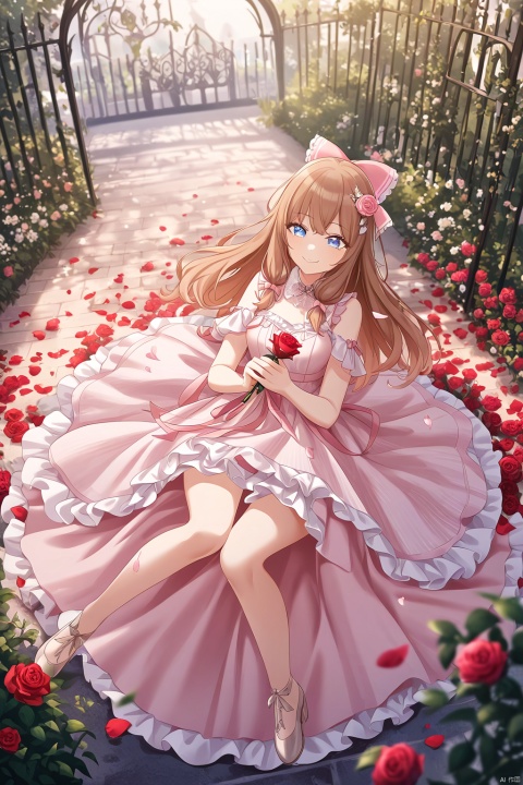 masterpiece,best quality,high quality,(clean coloring), 1girl, brown hair, ribbon, pink ribbon, bow, hair bow, hair ornament, blue eyes, smiling, happy, dress, pink dress, frills, frilly dress, flower, big flower, holding flower, basket, basket of petals, petals, scattering petals, garden, fence, wrought iron fence, outdoor, bright, sunlight, soft light, rose, giant rose, blurry foreground,detailed background, full body, lying down, reaching out, floating, playful, fantasy, whimsical, fairy tale, elegant, glow,snclstyle,luminous eyes