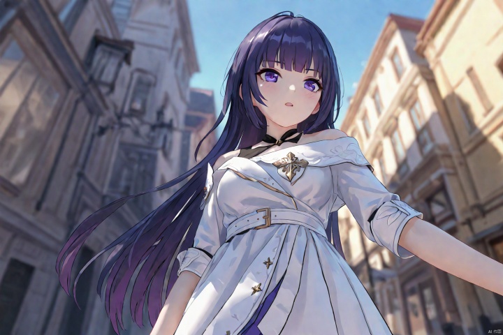 impasto,2nd clothes, houbeng, white dress, raiden mei, 1girl, long hair, purple eyes, pantyhose, purple hair, bangs,clean coloring,masterpiece,best quality,high quality, snclstyle,blush,ray tracing, amazing quality,upper body,from below,blurry foreground,blurry background,wlop,city,