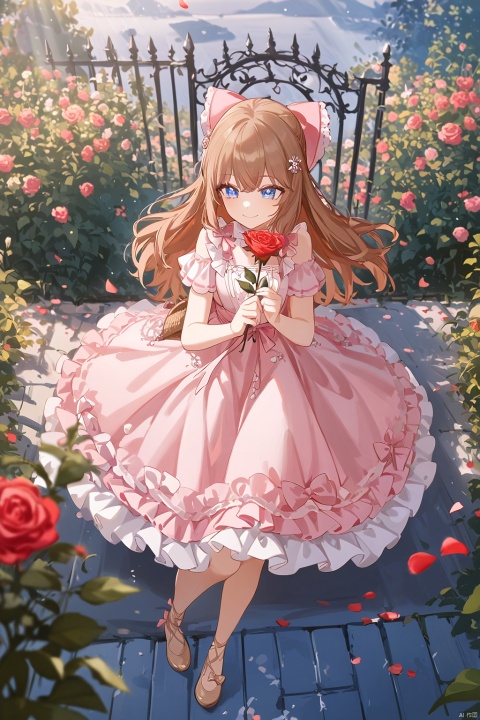 ((artist:ciloranko)),((artist:ningen_mame)),masterpiece,best quality,high quality,(clean coloring), 1girl, brown hair, ribbon, pink ribbon, bow, hair bow, hair ornament, blue eyes, smiling, happy, dress, pink dress, frills, frilly dress, flower, big flower, holding flower, basket, basket of petals, petals, scattering petals, garden, fence, wrought iron fence, outdoor, bright, sunlight, soft light, rose, giant rose, blurry foreground,detailed background, full body, lying down, reaching out, floating, playful, fantasy, whimsical, fairy tale, elegant, glow,snclstyle,luminous eyes