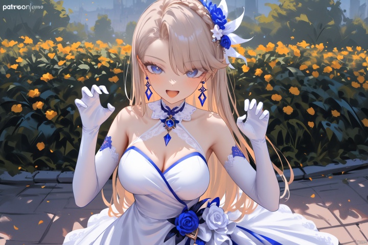 highres absurdres,masterpiece,bestquality,higher quality,best quality,blush,aesthetic,very aesthetic,best quality,hight quality,hight,vision,newest BREAK ,1girl,solo,white long dress,blue earrings,white gloves,flower,breasts,looking at viewer,white elbow gloves,:d,claw pose