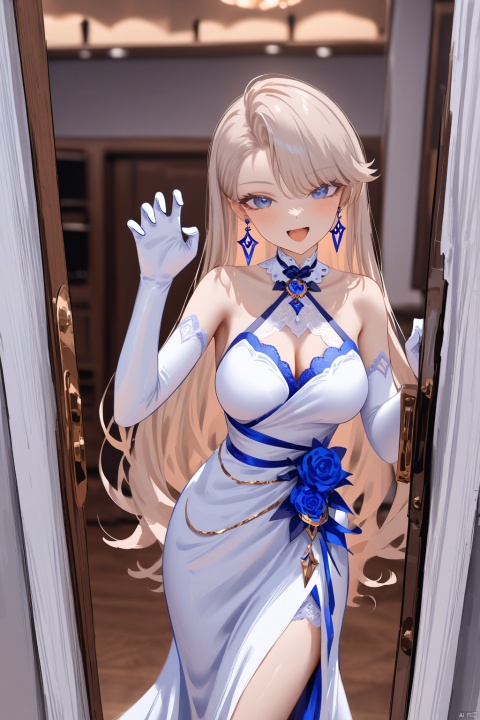 highres absurdres,masterpiece,bestquality,higher quality,best quality,blush,aesthetic,very aesthetic,best quality,hight quality,hight,vision,newest BREAK ,1girl,solo,white long dress,blue earrings,white gloves,flower,breasts,looking at viewer,white elbow gloves,:d,claw pose,in door,party