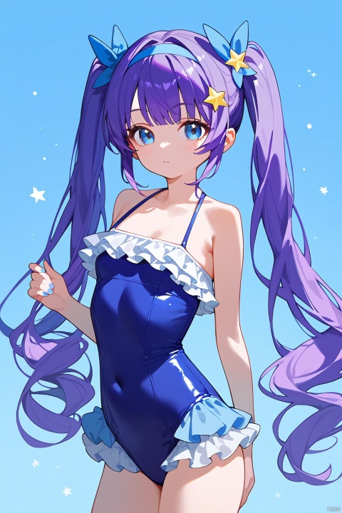 (score_9,score_8_up,score_7_up),style_1,style_2,style_3,style_4,1girl, purple hair, twintails, blue eyes, long hair, star hair ornament, blue one-piece swimsuit, blue hairband, solo, very long hair, small breasts, frilled swimsuit,
