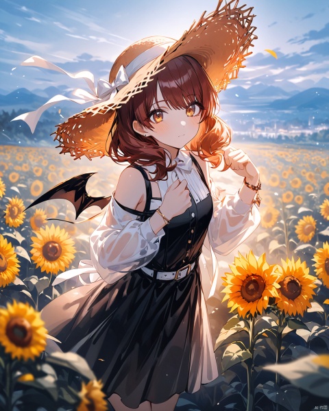 Kumiko, (artist:wanke),(artist:ciloranko),(artist:ningen_mame),masterpiece,best quality,high quality,(colorful), 1girl, sunflower, flower, solo, , hat, long hair, outdoors,,black pinafore dress,belt,puffy long sleeves,see-throughsleeves,rose, wings, day, looking at viewer, bare shoulders, cloud, sky, blush,straw hat, blue sky, closed mouth, standing, demon wings, yellow flower, looking at viewer, sundress, sun hat,, from above, brown headwear, jewelry,sunflower field, depth of field, white bow, , sleeveless, off shoulder, bracelet, leaf, sleeveless dress, blurry, cloudy sky, bat wings, snclstyle,, glow,Hazy light