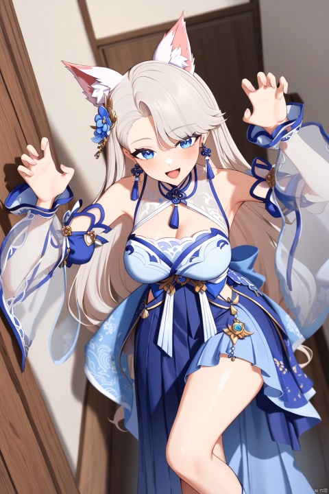 highres absurdres,masterpiece,bestquality,higher quality,best quality,blush,aesthetic,very aesthetic,best quality,hight quality,hight,vision,newest BREAK ,1girl,fox ears,solo,long hair,blue eyes,looking at viewer,smile,detached sleeves,breasts,large breasts,open mouth,blue hakama,white earrings,see-through,blue skirt,:d,claw pose,in door,leaning forward