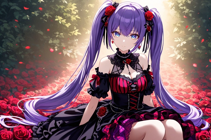 masterpiece,,best quality,illustration,,sunlight,(detailed beautiful eyes:1.3),1girl,expressionless,wavy hair,messy hair,long bangs,hairs between eyes,detailed extremely,BREAK,sitting,(loli),gothic_lolita,red pupils,purple hair,red Surrounded by roses,A colorful tulle dress,beautiful eyes,blue eyes,a magical background,fireflies,BREAK,1girl,breasts,solo,cleavage,looking at viewer,twintails,large breasts,long hair,dress,bare shoulders,bangs,smile,upper body,hair ornament,earrings,volumetric lighting,cinematic image quality,very aethestic, snclstyle, 