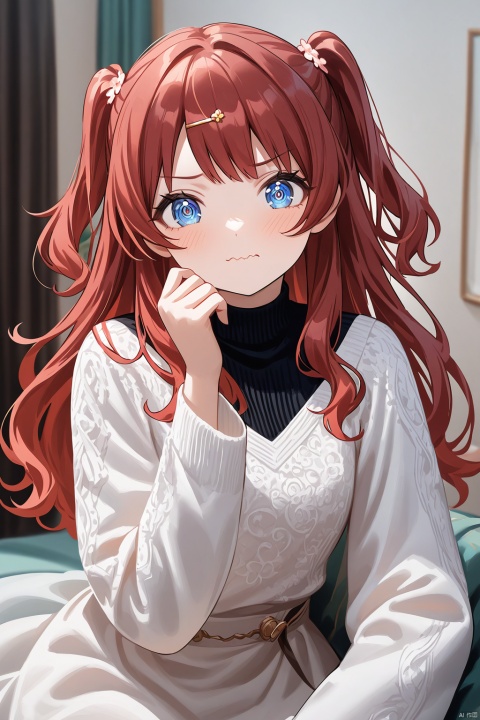 (ringed eyes,wavy mouth,???,head tilt),waving,saki hanami,blue eyes,long hair,two side up,red hair,,A delightful impasto-inspired artwork! A cute-faced girl with liduke-inspired features gazes directly at the viewer, her cheeks blushing softly. Indoors, amidst a cozy atmosphere with parted curtains, she sits wearing a black turtleneck sweater, white long sleeves, and a brown-eyed gaze that shines like emeralds. Her hair is styled in loose waves with a hairclip holding back stray strands. A delicate hair ornament adorns her locks, complementing the intricate details of her impasto-style artwork. The focus lies on her face, with her hand gently resting on her own cheek.