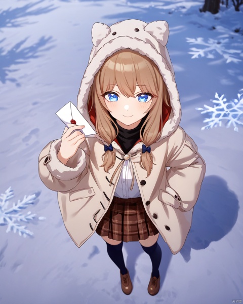 ((masterpiece,best quality,high quality)),(clean coloring), 1girl,brown hair,blue eyes,wearing coat,hood,wearing skirt,wearing thighhighs,holding envelope,smiling,snowflakes,letters,background magic elements,daytime,full body,foreground,background,winter,snclstyle,luminous eyes,upper body,ray tracing,close up,depth of field,from above,blush
