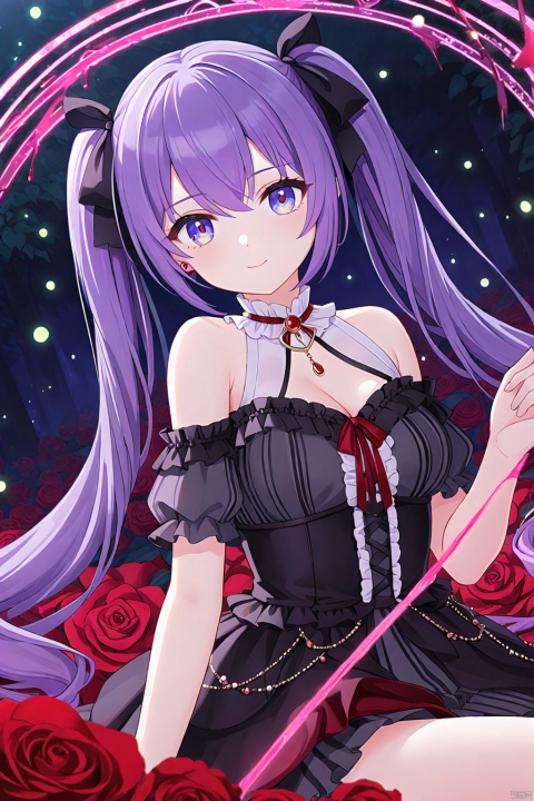 (masterpiece:1.3),(magic circle:1.3),best quality,illustration,,sunlight,(detailed beautiful eyes:1.3),1girl,expressionless,wavy hair,messy hair,long bangs,hairs between eyes,detailed extremely,BREAK,sitting,((loli)),gothic_lolita,red pupils,purple hair,red Surrounded by roses,A colorful tulle dress,Exquisite details,beautiful eyes,blue eyes,The background of a nighttime human wonderland,a magical background,fireflies,A slender and delicate beautiful face,BREAK,1girl,breasts,solo,cleavage,looking at viewer,twintails,large breasts,long hair,dress,bare shoulders,bangs,ribbon,smile,upper body,hair ribbon,earrings,8K quality,volumetric lighting,cinematic image quality,ultimate details,complex and exquisite details,very aethestic,