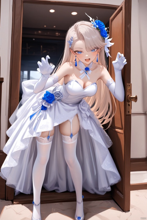 highres absurdres,masterpiece,bestquality,higher quality,best quality,blush,aesthetic,very aesthetic,best quality,hight quality,hight,vision,newest BREAK ,1girl,blue eyes,long hair,asymmetrical bangs,white hair,hair behind ear,thighhighs,flower,garter straps,white hair ornament,white gloves,white elbow gloves,white thighhighs,white wedding dress,wedding dress,hair flower,purple earrings,blue flower,bare shoulders,blue rose,detached collar,:d,claw pose,in door,leaning forward