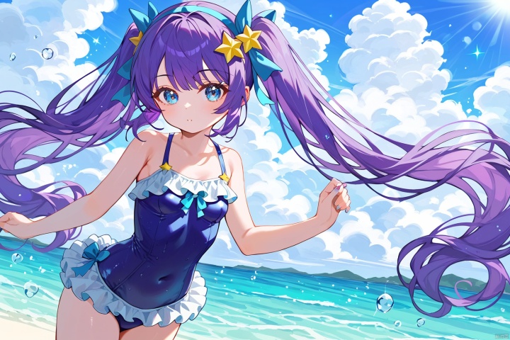(score_9,score_8_up,score_7_up),style_1,style_2,style_3,style_4,1girl, purple hair, twintails, blue eyes, long hair, star hair ornament, blue one-piece swimsuit, blue hairband, solo, very long hair, small breasts, frilled swimsuit,A young woman with striking features: vibrant purple twintails cascading down her back, bright blue eyes shining like the ocean. She wears a stunning blue one-piece swimsuit, adorned with a star-shaped hair ornament that matches the sparkling stars floating above the beach's beautiful sky and soft cloud cover. Her very long hair flows gently in the breeze as she stands solo, her small breasts barely noticeable beneath the frilled swimsuit. The watercolor-inspired atmosphere blurs the foreground and background, creating a dreamy effect. The overall aesthetic is breathtakingly beautiful, with every detail rendered in masterful quality.