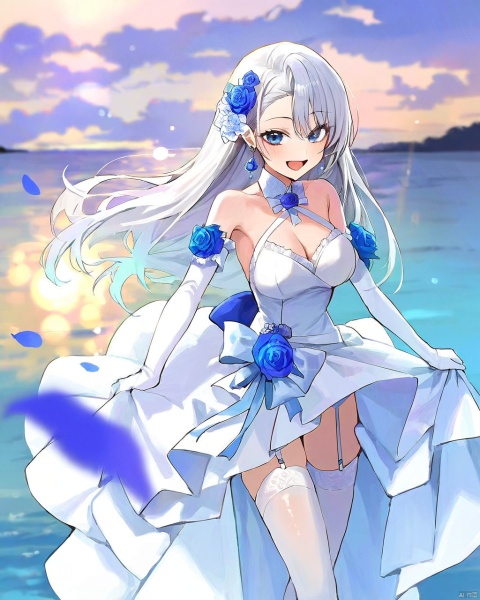 by nnoelllll, by kuroi susumu,by modare,by gemi, by yunamaro,by pottsness,by dikko,1girl,blue eyes,long hair,asymmetrical bangs,white hair,hair behind ear,thighhighs,flower,garter straps,white hair ornament,white gloves,white elbow gloves,white thighhighs,white wedding dress,wedding dress,hair flower,purple earrings,blue flower,bare shoulders,blue rose,detachedcollar, smile, ,summer,detailed,amazing quality, ,BREAK,blurry_background,blurry_foreground,shiny,open_mouth,blush,gentle eyes,luminous eyes,sea,water,sky,beautiful water,(Volumetric Lighting,Cinematic Lighting), snclstyle,