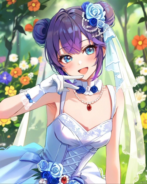 by himeyamato, by yunamaro,(by pottsness:0.5),by dikko,by zounose,by modare,by ningen mame ,by ciloranko,1girl, blue eyes, double bun, hair bun, purple hair, wedding dress, white gloves, sleeveless, nail polish, bangs, blue nails, small breasts, red gem necklace,kick, smile, ,summer,detailed,amazing quality, ,BREAK,blurry_background,blurry_foreground,shiny,open_mouth,blush,v over mouth,ray tracing,gentle eyes,luminous eyes,grass,beautiful detailed,flowers,garden,beautiful color,colorful,(Volumetric Lighting,Cinematic Lighting),by nixeu, snclstyle