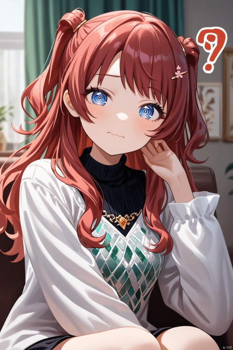 (ringed eyes,wavy mouth,?,head tilt),waving,saki hanami,blue eyes,long hair,two side up,red hair,,A delightful impasto-inspired artwork! A cute-faced girl with liduke-inspired features gazes directly at the viewer, her cheeks blushing softly. Indoors, amidst a cozy atmosphere with parted curtains, she sits wearing a black turtleneck sweater, white long sleeves, and a brown-eyed gaze that shines like emeralds. Her hair is styled in loose waves with a hairclip holding back stray strands. A delicate hair ornament adorns her locks, complementing the intricate details of her impasto-style artwork. The focus lies on her face, with her hand gently resting on her own cheek.