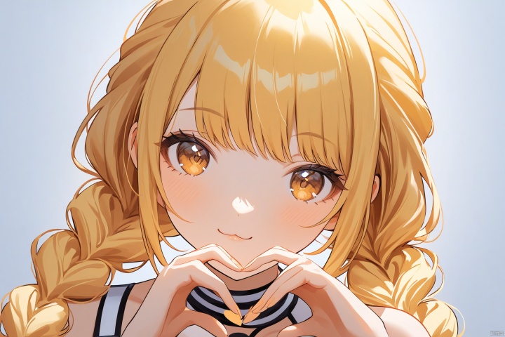 Kotone Fujita posing in a stunning white background with an upper-body focus. Her long blonde hair is tied in twin braids, framing her beautiful brown eyes and detailed face. She's wearing a swimsuit as she makes a heart sign with her hand, inviting the viewer to take a closer look. The color palette is vibrant and breathtaking, with a clean and aesthetically pleasing composition that showcases Kotone's captivating expression. :3