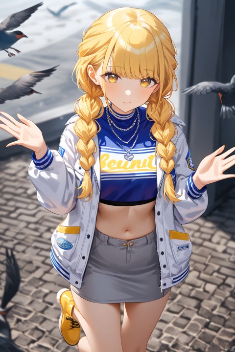 amazing quality,best quality,masterpiece,4k,kotone fujita,1girl,blonde hair,braid,yellow eyes,(white jacket),jewelry,necklace,crop top,pencil skirt,grey skirt,yellow footwear,midriff,twin braids,blue shirt,clothes writing,colorful pocket,boots,open jacket,open clothes,yellow ribbon,beautiful color,birds,hands up,blurry foreground,upper body,cowboy shot,from above,.slim skinny,watercolor,